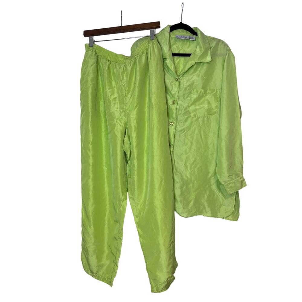 L XL 100% Silk Lime Green Pajama Set 90s